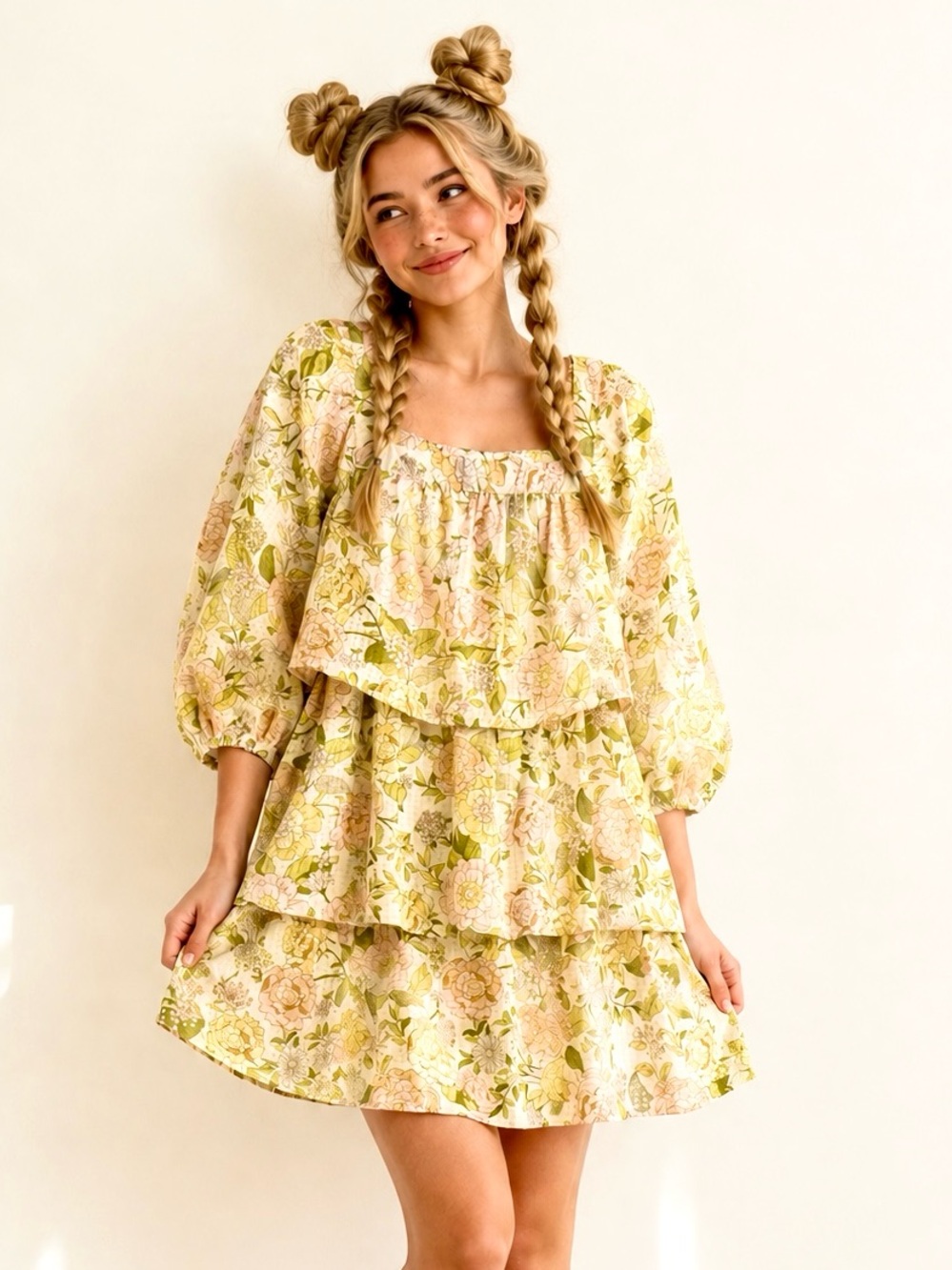 Who What Wear Babydoll Floral Tiered Ruffle Mini Dress Pastel Size XS